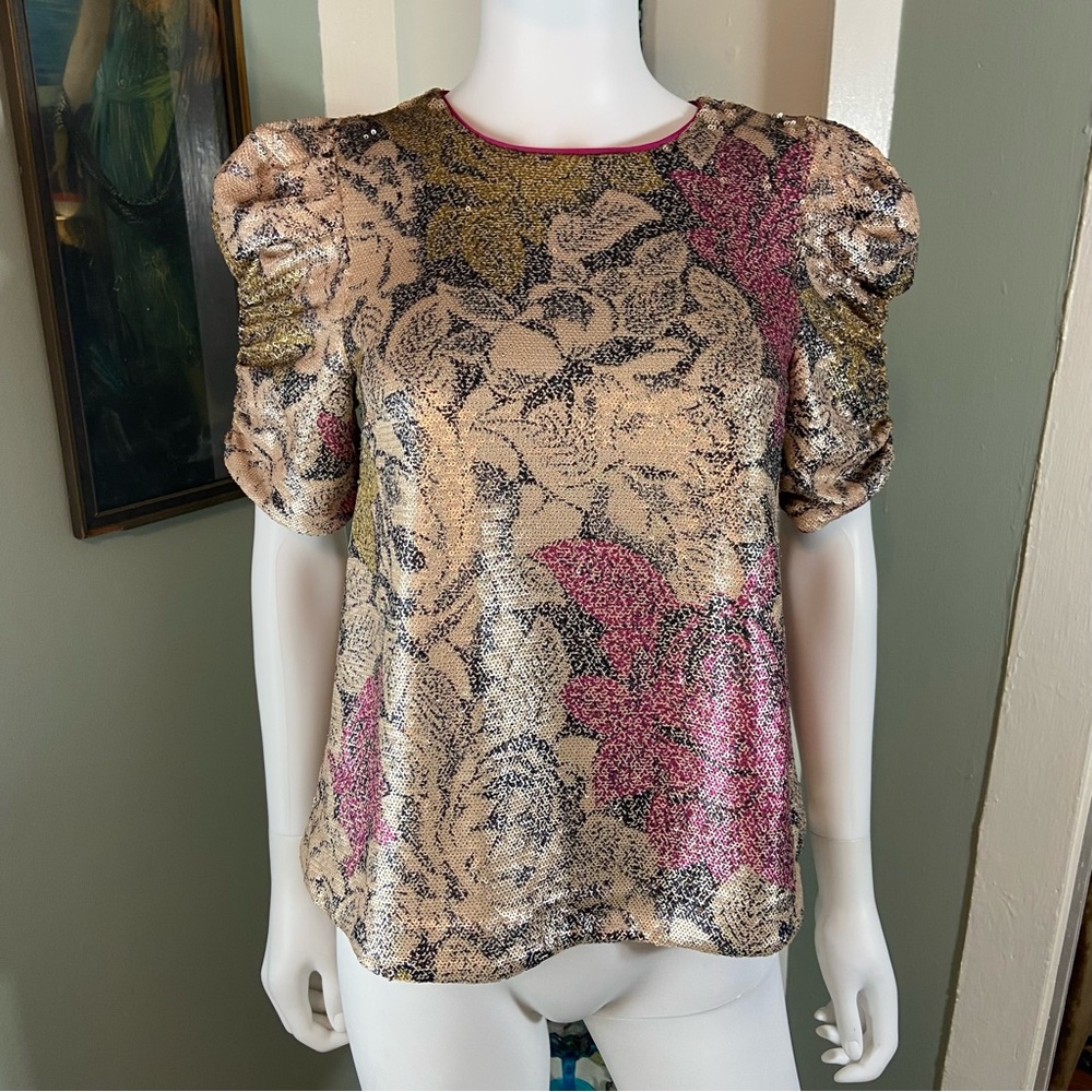 Anthopologie Marie Sequin Floral Top Shirt Blouse Ruched Puff Sleeve Metallic 2
